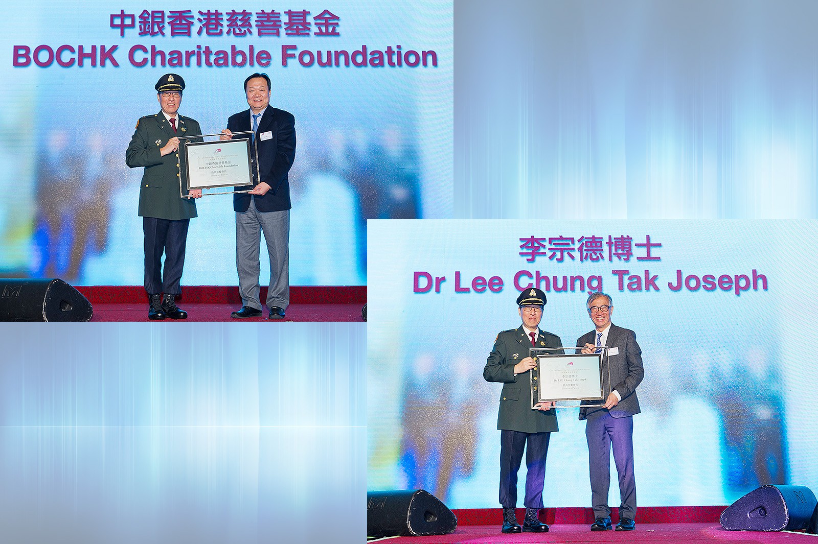 Professor Kuo (left) presents certificates to Mr Yue Yi (above) and Dr Joseph Lee.
