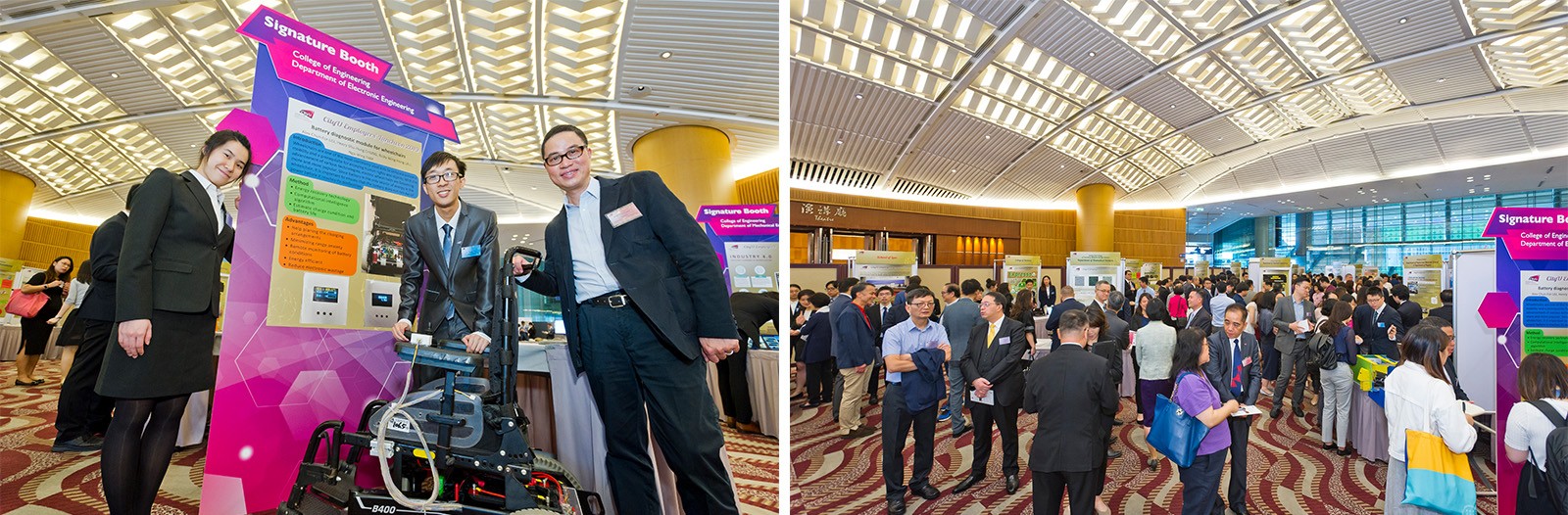 Students showcased their projects to employers before the luncheon. In the photo on the left, students and Professor Henry Chung Shu-hung (right) from Department of Electronic Engineering introduced a device that monitors wheelchair batteries. 