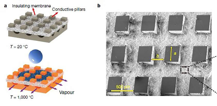 Figure 1: (a) A STA consists of an array of thick pillars acting as thermal bridges and holding an insulating superhydrophilic membrane that wicks the incoming liquid. This membrane is positioned so as to create channels that can evacuate the vapour (purple arrows). (b) The membrane is made of nanometric silica fibres that are capable of resisting temperatures of up to approximately 1,200°C.