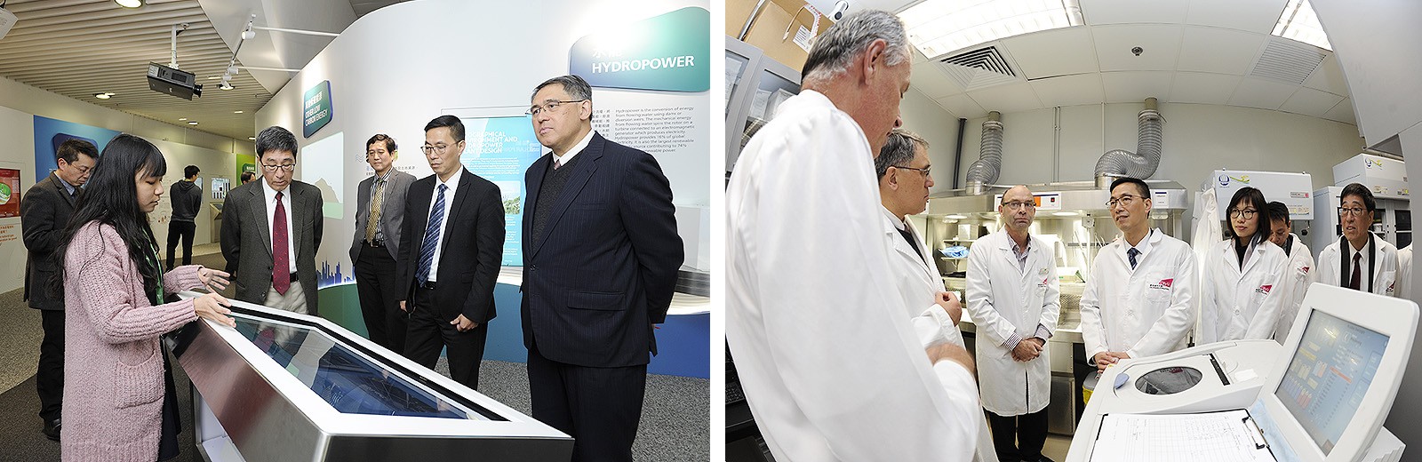 Mr Yeung visits the CLP Power Low Carbon Energy Education Centre (left) and the CityU Veterinary Diagnostic Laboratory (right).