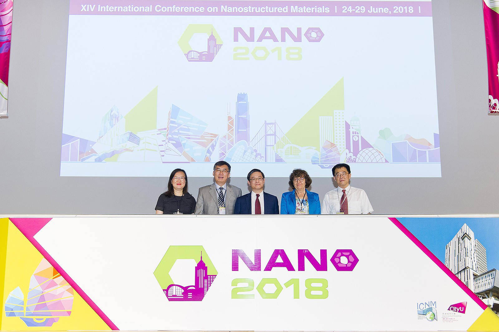 (From left) Professor Lu Kei and Professor Lu Ke, Co-chair of NANO 2018; Professor Lu Jian, Chair of NANO 2018; Dr Elisabetta Agostinelli, Chairman of International Committee on Nanostructured Materials; and Professor Nie Jianfeng, Chair of the next NANO, officiate the Conference.